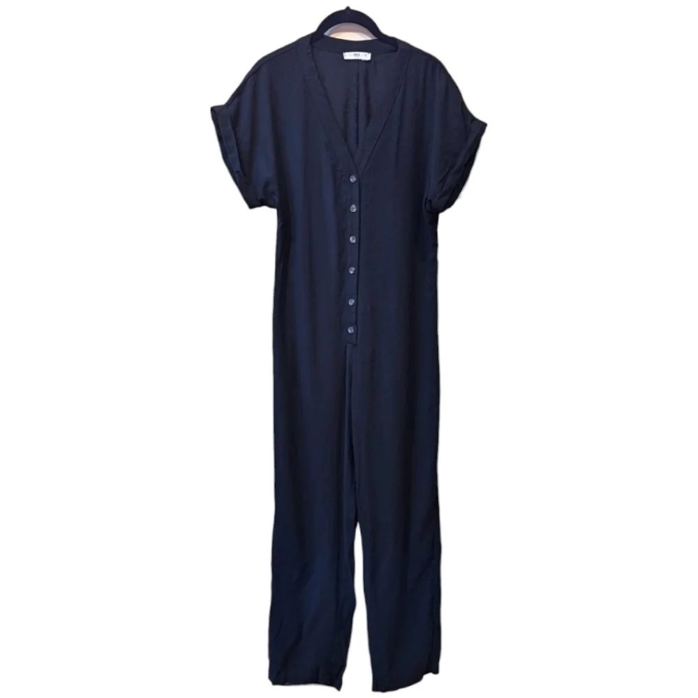 MNG Short Cuffed Sleeve V-Neck Button Front Viscose Blend Jumpsuit (M)